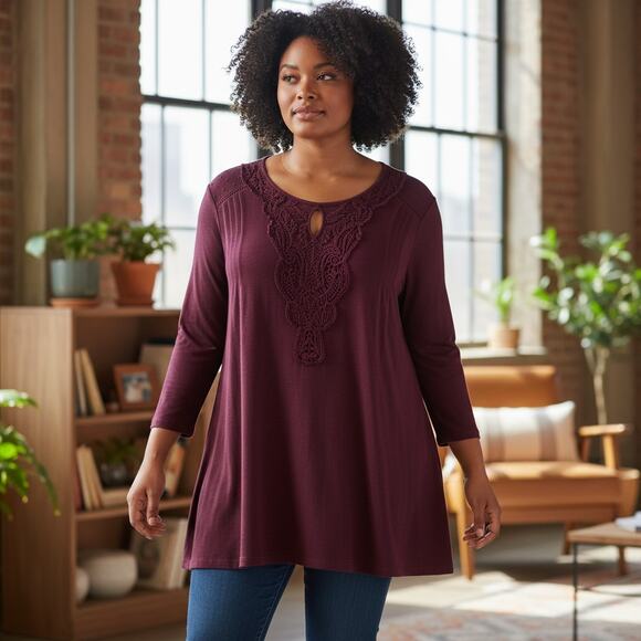 Daniel Rainn Peasant Top Womens Size 1X Plum Knit Chiffon Yoke Crochet Lace Boho - Picture 4 of 9